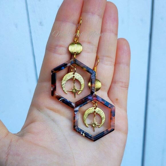 Celestial Dangle Acrylic Earrings Geometric Multi Colored Hexagon Stars & Moon - Picture 2 of 5